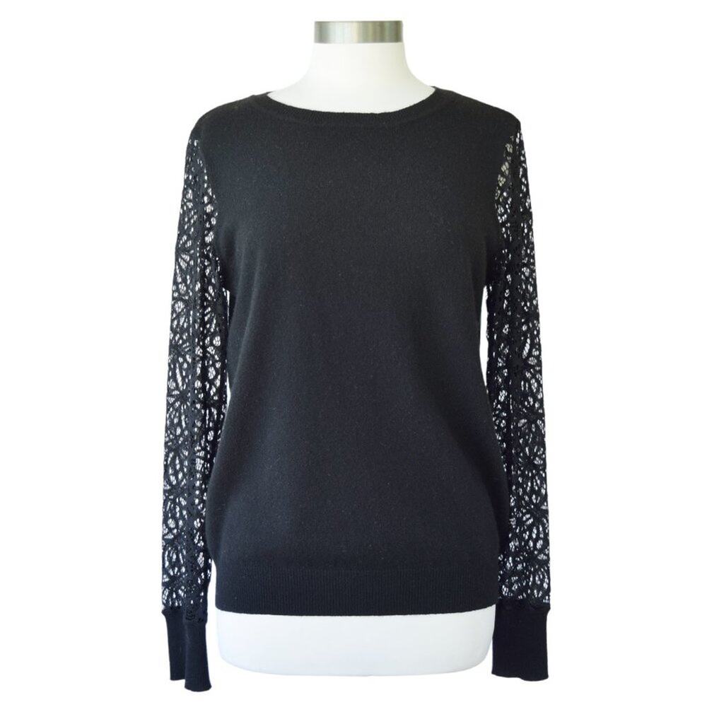 Magaschoni Cashmere Sweater Black Sheer Lace Sleeves Size Large